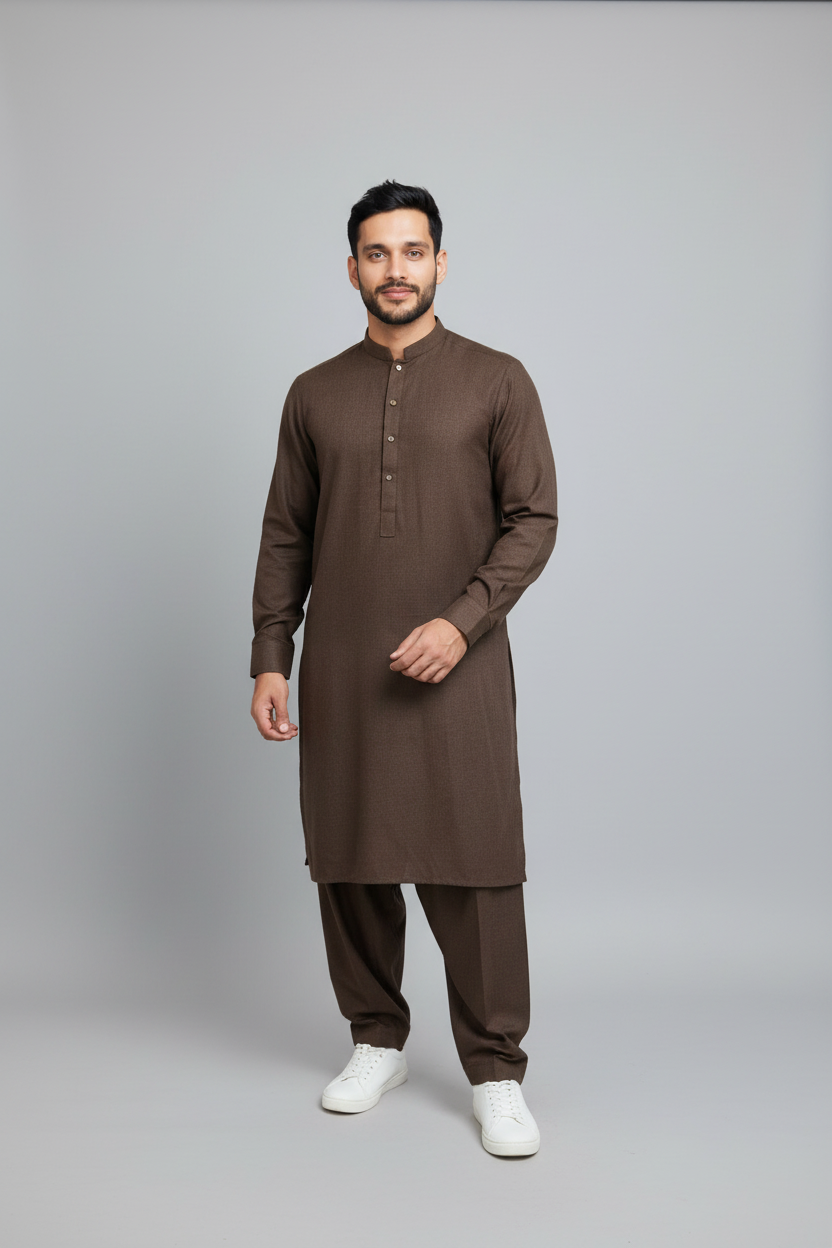 Shalwar Kameez - Extra Luxury Texture Wash & Wear - Dark Brown