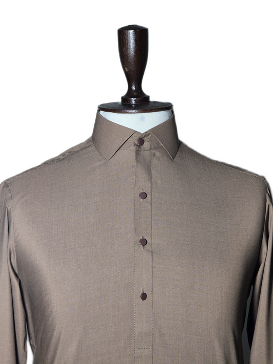 Shalwar Kameez - Collar - Wash & Wear - Dark Brown